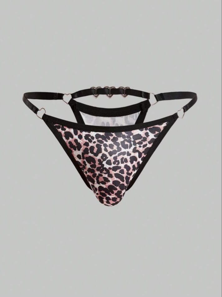 Men's Leopard Print Rhinestone Heart Decore Underwear